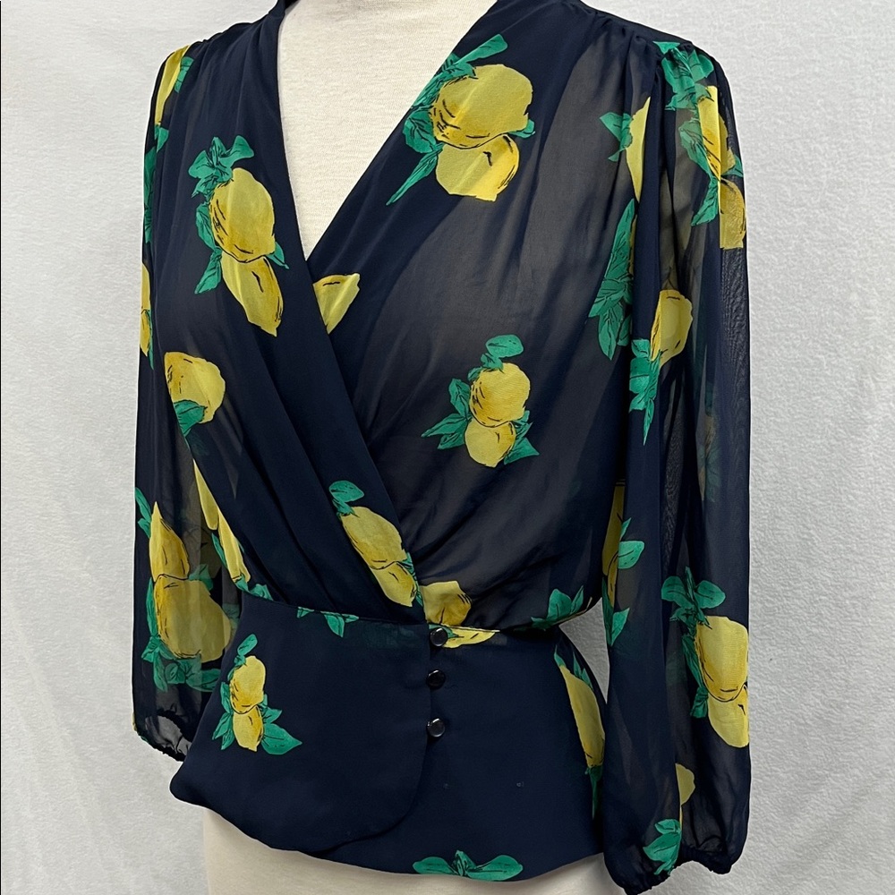 Navy Sheer Wrap Blouse with Lemon Pattern - Picture 2 of 6